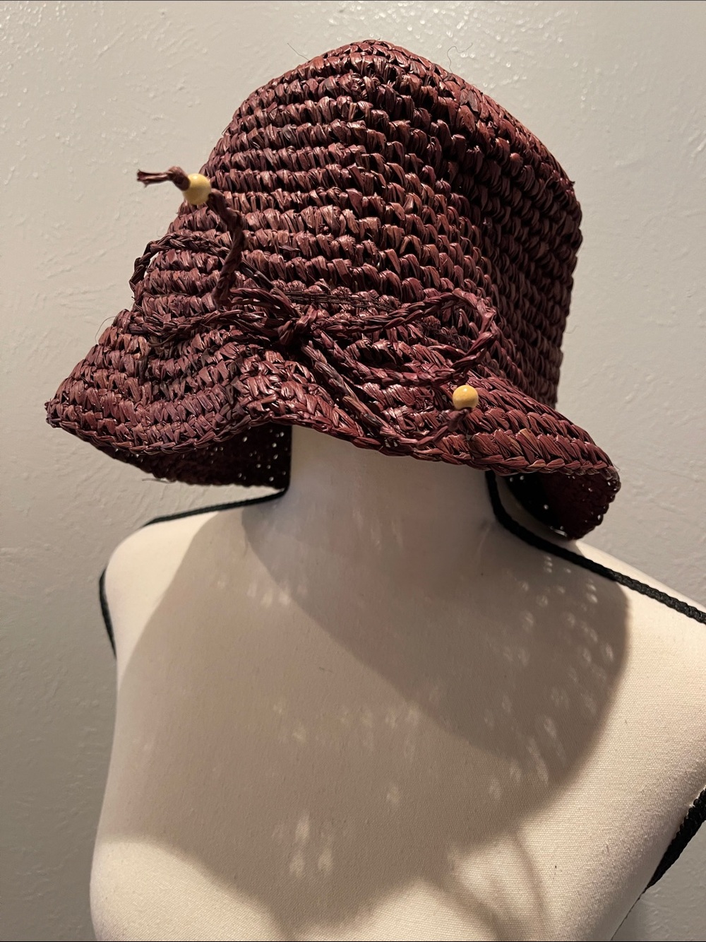 Cherokee Braided Straw Bucket Hat - Burgundy with Bead Accents